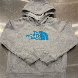 The North Face Light Gray Hoodie with Bright Blue Logo